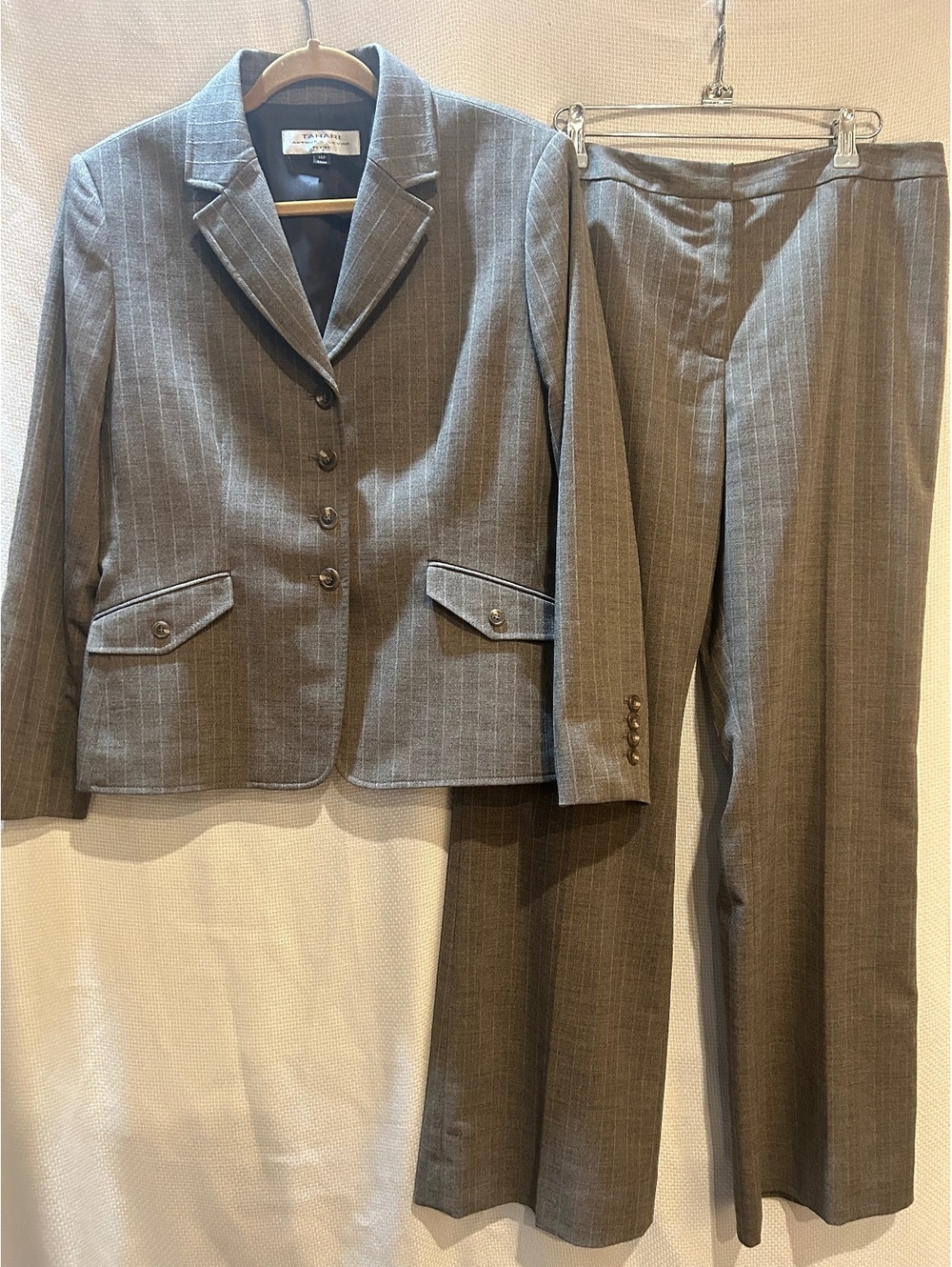 Tahari Arthur S. Levine Petite Taupe Brown Pinstripe Blazer and Pants Suit Set,